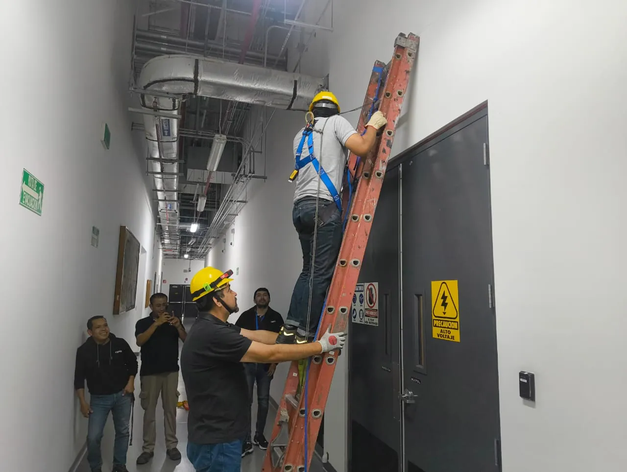 Participante con arnés y casco sube una escalera mientras un compañero la sostiene durante una práctica de trabajo en alturas