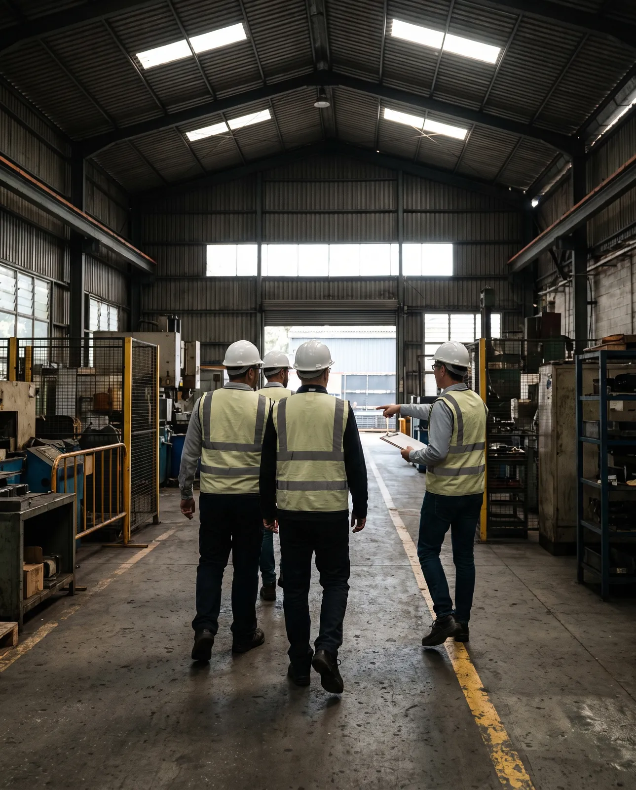 Trabajadores con casco y chaleco recorren una nave industrial hacia el portón mientras uno de ellos, con una tablilla, señala la ruta