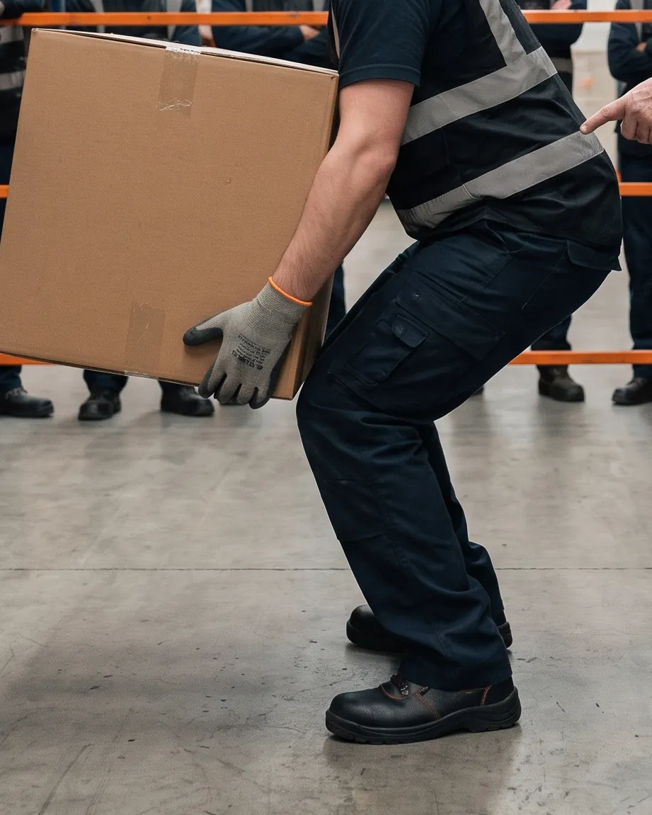 Participante levanta una caja con las rodillas flexionadas y la espalda recta mientras el instructor señala la postura