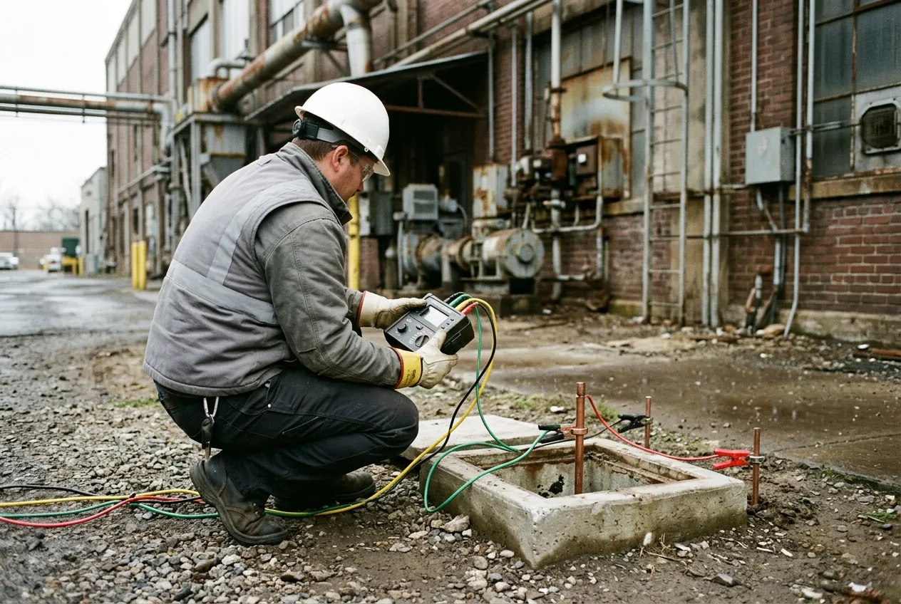 Técnico con casco y guantes mide la resistencia de un sistema de tierras físicas con electrodos de cobre en exterior industrial